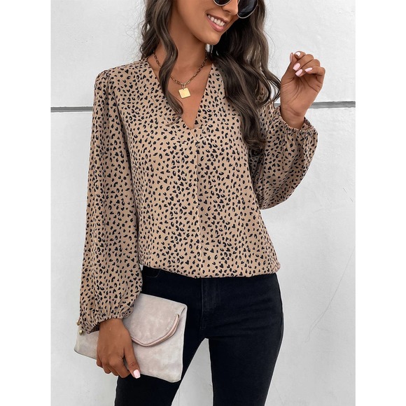 Tops - Leopard Print long sleeve v neck Lantern Sleeve Blouse boho tan black